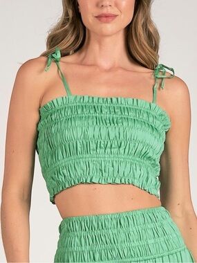 NEW Elan Lili Beaded Tie Straps Smocked Cropped Tube Top in Mint Women’s Size S